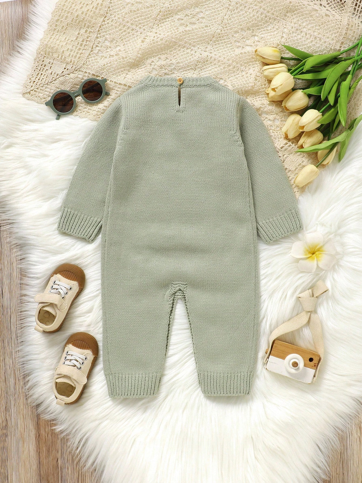 Sage Green,Autumn,Cute,Family Matching Infant&Toddler Squirrel Embroidery Knitted Romper,Round Neck Long Sleeve Neutral Woodland Baby Clothes Jumpsuit
