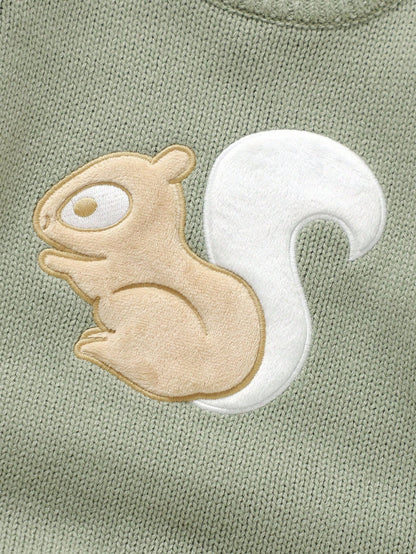 Sage Green,Autumn,Cute,Family Matching Infant&Toddler Squirrel Embroidery Knitted Romper,Round Neck Long Sleeve Neutral Woodland Baby Clothes Jumpsuit