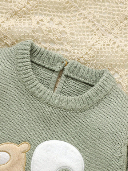Sage Green,Autumn,Cute,Family Matching Infant&Toddler Squirrel Embroidery Knitted Romper,Round Neck Long Sleeve Neutral Woodland Baby Clothes Jumpsuit