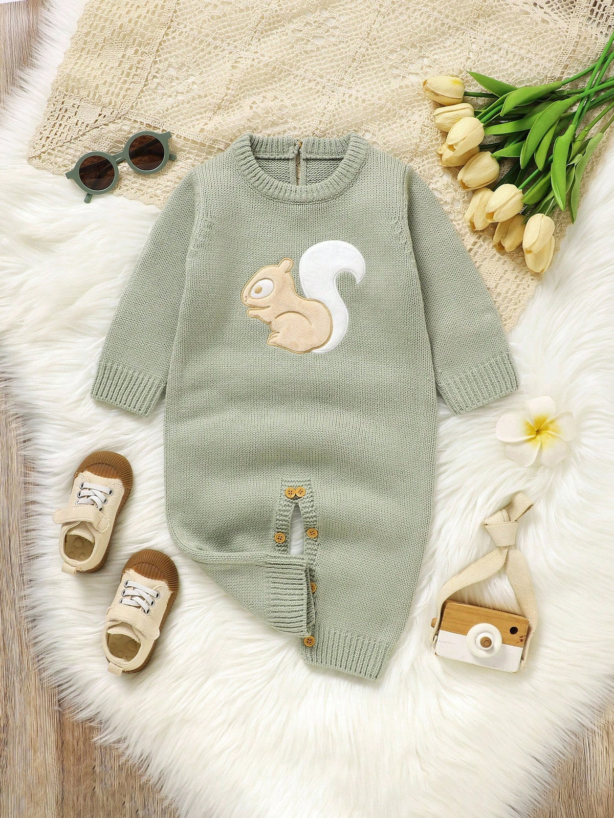 Sage Green,Autumn,Cute,Family Matching Infant&Toddler Squirrel Embroidery Knitted Romper,Round Neck Long Sleeve Neutral Woodland Baby Clothes Jumpsuit