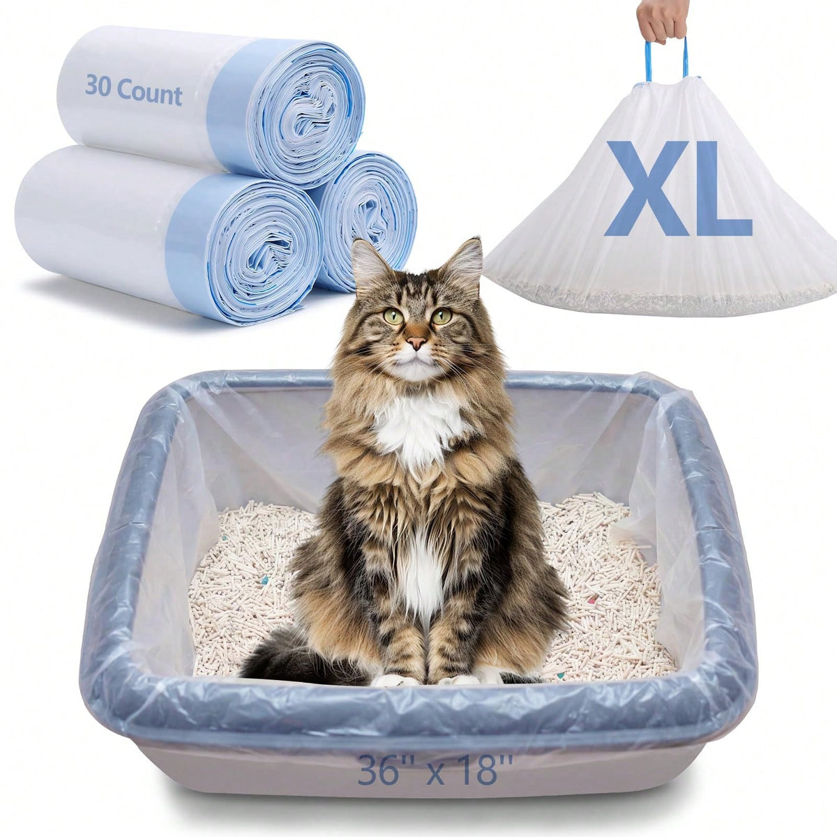 SANNAX Cat Litter Box Liners, Heavy Duty Cat Litter Bags, 30 Count Extra-Thick 3MIL Drawstring Cat Litter Box Bags, Jumbo 36'' X 19'' Cat Litter Box Liners- Tear & Leak Resistant- Pet Supplies(3 Rol