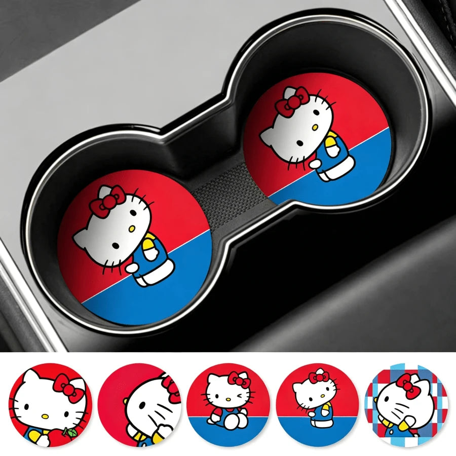 SANRIO 2Pcs Hello Kitty Side Profile Car Coaster: Cute Cartoon Non-Slip Insulated Coaster For Car Cup Holder- For Car- Made Of PU Leather, Ideal Holiday Gift For Family, Friends And Girlfriend