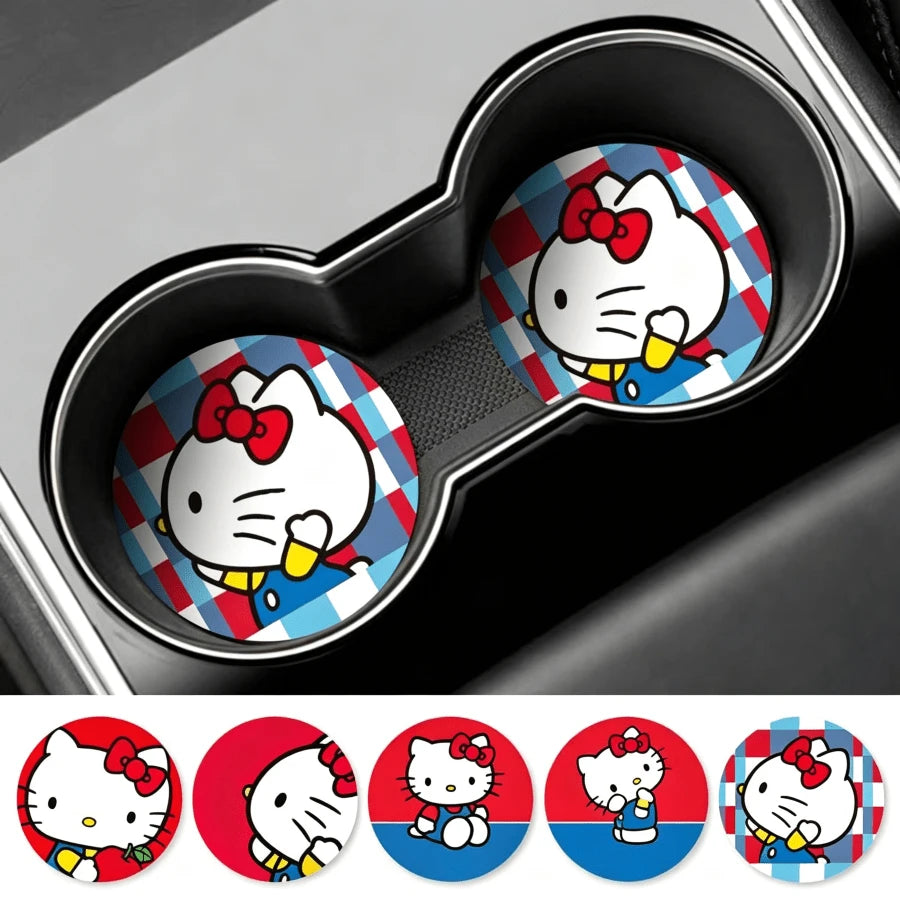 SANRIO 2Pcs Hello Kitty Side Profile Car Coaster: Cute Cartoon Non-Slip Insulated Coaster For Car Cup Holder- For Car- Made Of PU Leather, Ideal Holiday Gift For Family, Friends And Girlfriend