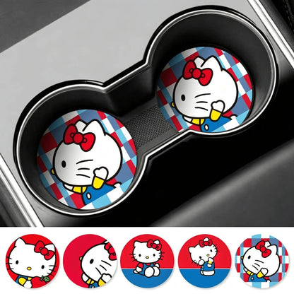 SANRIO 2Pcs Hello Kitty Side Profile Car Coaster: Cute Cartoon Non-Slip Insulated Coaster For Car Cup Holder- For Car- Made Of PU Leather, Ideal Holiday Gift For Family, Friends And Girlfriend