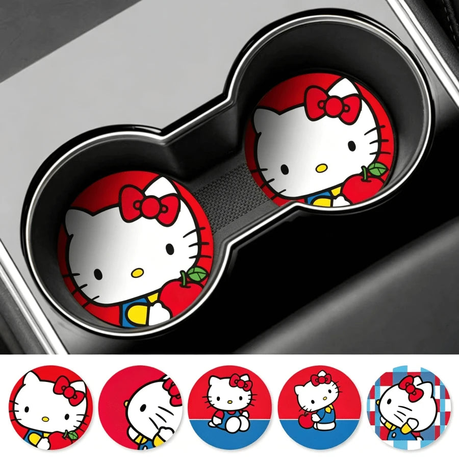 SANRIO 2Pcs Hello Kitty Side Profile Car Coaster: Cute Cartoon Non-Slip Insulated Coaster For Car Cup Holder- For Car- Made Of PU Leather, Ideal Holiday Gift For Family, Friends And Girlfriend