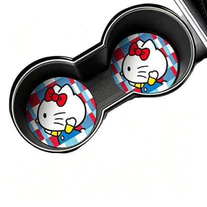 SANRIO 2Pcs Hello Kitty Side Profile Car Coaster: Cute Cartoon Non-Slip Insulated Coaster For Car Cup Holder- For Car- Made Of PU Leather, Ideal Holiday Gift For Family, Friends And Girlfriend