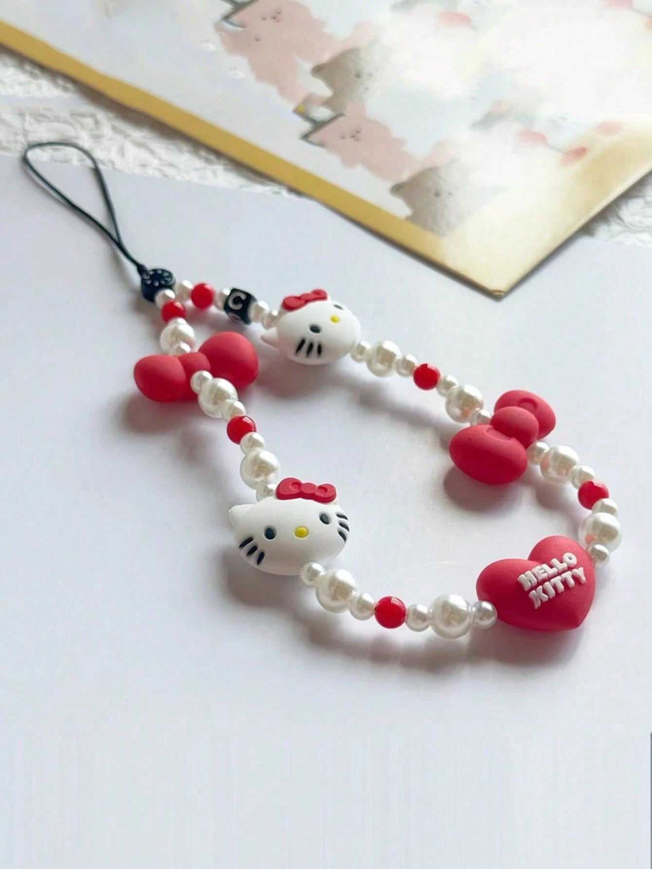 Sanrio HelloKitty Beaded Lanyard And Wrist Strap Set, Polyamide Faux Pearl Keychain And Phone Charm Accessory Pack