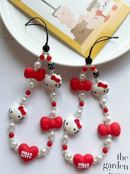 Sanrio HelloKitty Beaded Lanyard And Wrist Strap Set, Polyamide Faux Pearl Keychain And Phone Charm Accessory Pack