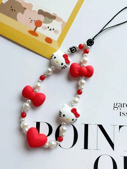 Sanrio HelloKitty Beaded Lanyard And Wrist Strap Set, Polyamide Faux Pearl Keychain And Phone Charm Accessory Pack