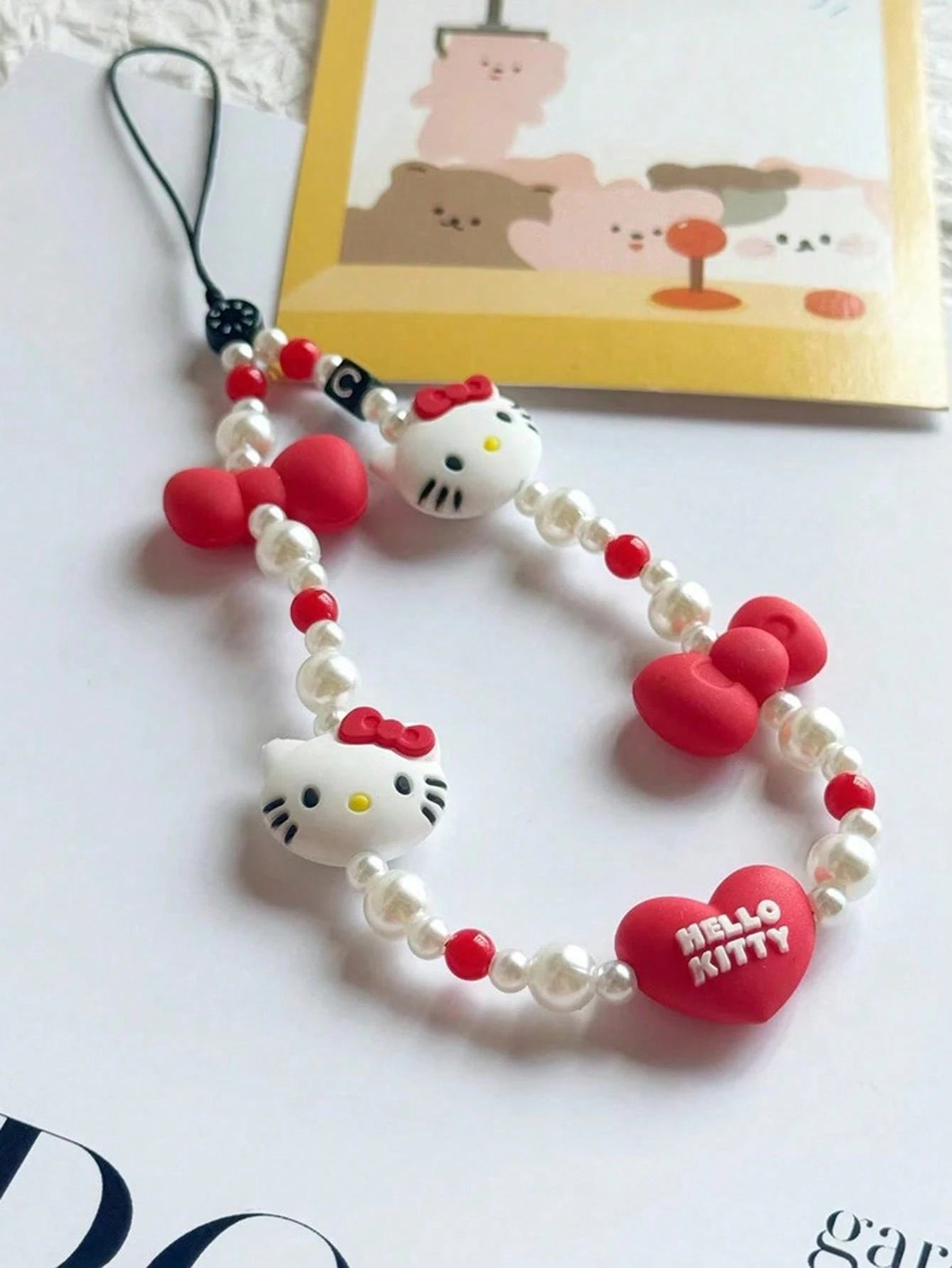 Sanrio HelloKitty Beaded Lanyard And Wrist Strap Set, Polyamide Faux Pearl Keychain And Phone Charm Accessory Pack