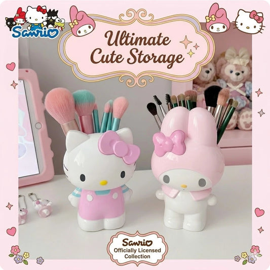 SANRIO Large Capacity 15-Slot Makeup Brush Holder, Featuring Hello Kitty And Melody Patterns, Cute Desktop Storage For Girls And Students, Perfect Gift!