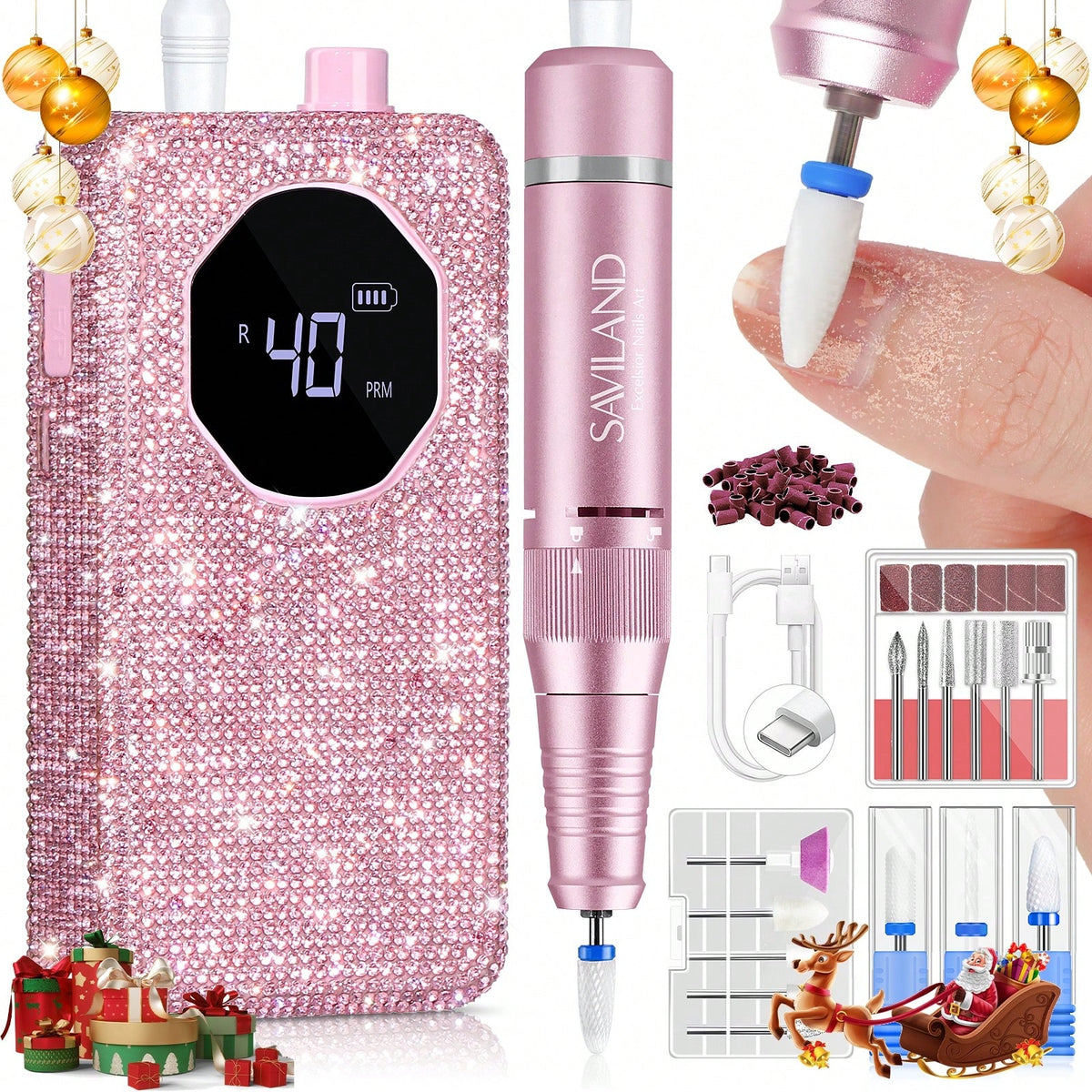 SAVILAND Professional Nail Drill 40000 RPM: Portable Diamond Nail Drill Kit Rechargeable 4000 MAh Electric Nail File For Thick Acrylic Nails With Ceramic Nail Drill Bits Sanding Bands Nail Tech Salon