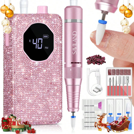SAVILAND Professional Nail Drill 40000 RPM: Portable Diamond Nail Drill Kit Rechargeable 4000 MAh Electric Nail File For Thick Acrylic Nails With Ceramic Nail Drill Bits Sanding Bands Nail Tech Salon