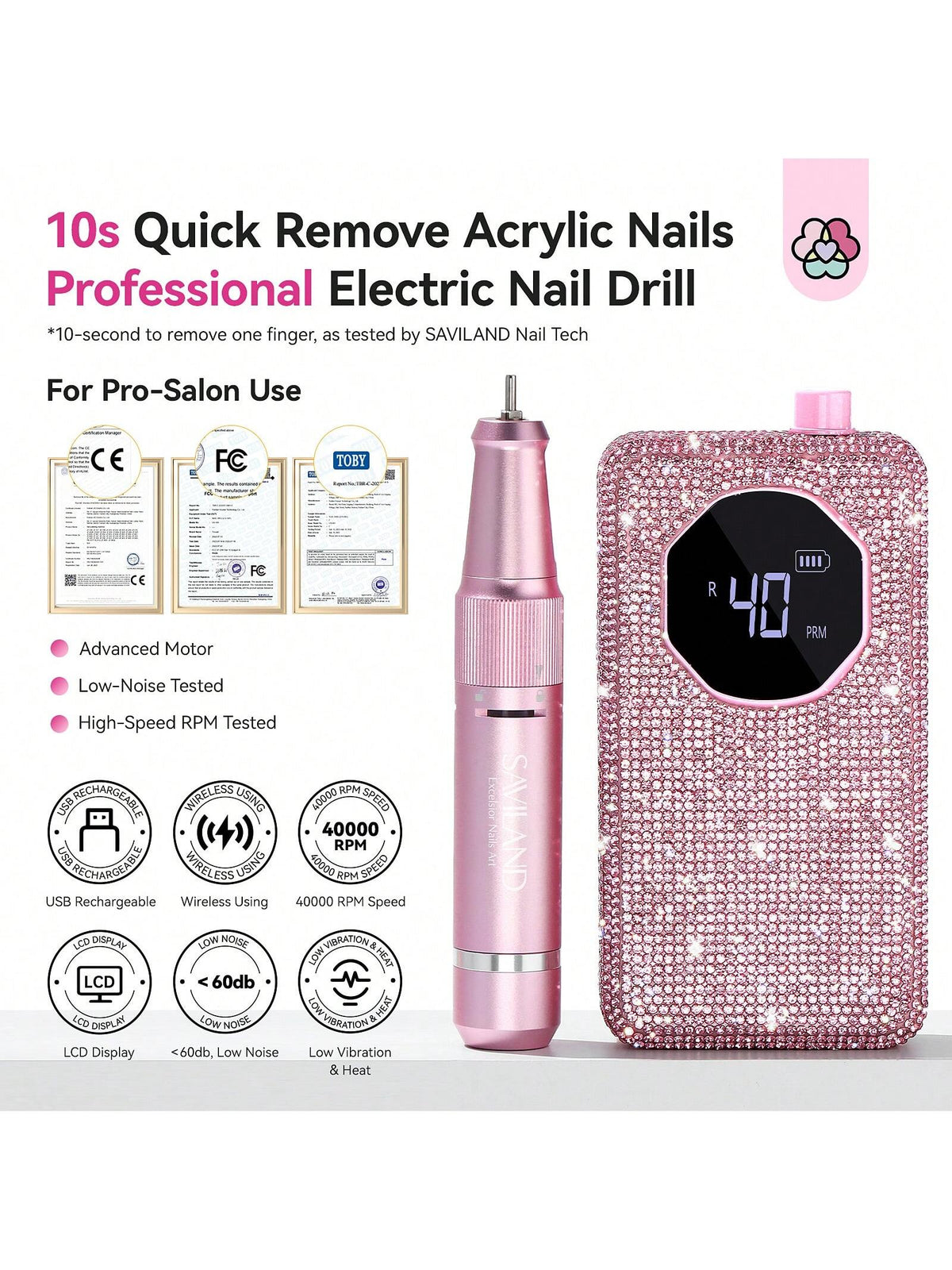 SAVILAND Professional Nail Drill 40000 RPM: Portable Diamond Nail Drill Kit Rechargeable 4000 MAh Electric Nail File For Thick Acrylic Nails With Ceramic Nail Drill Bits Sanding Bands Nail Tech Salon