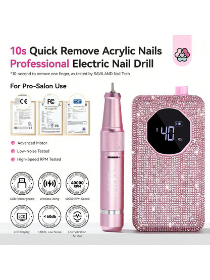 SAVILAND Professional Nail Drill 40000 RPM: Portable Diamond Nail Drill Kit Rechargeable 4000 MAh Electric Nail File For Thick Acrylic Nails With Ceramic Nail Drill Bits Sanding Bands Nail Tech Salon