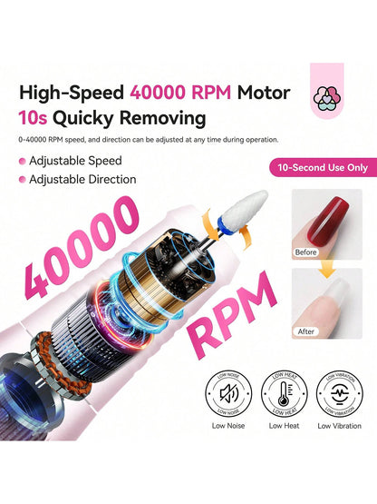 SAVILAND Professional Nail Drill 40000 RPM: Portable Diamond Nail Drill Kit Rechargeable 4000 MAh Electric Nail File For Thick Acrylic Nails With Ceramic Nail Drill Bits Sanding Bands Nail Tech Salon
