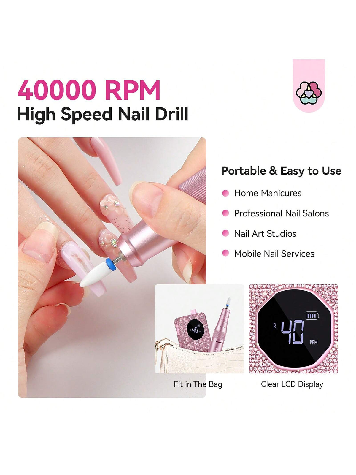 SAVILAND Professional Nail Drill 40000 RPM: Portable Diamond Nail Drill Kit Rechargeable 4000 MAh Electric Nail File For Thick Acrylic Nails With Ceramic Nail Drill Bits Sanding Bands Nail Tech Salon