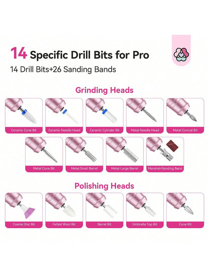 SAVILAND Professional Nail Drill 40000 RPM: Portable Diamond Nail Drill Kit Rechargeable 4000 MAh Electric Nail File For Thick Acrylic Nails With Ceramic Nail Drill Bits Sanding Bands Nail Tech Salon