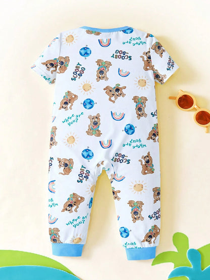 SCOOBY-DOO X Baby Boy Cute Cartoon Blue And White Casual Short Sleeve Jumpsuit Pajama