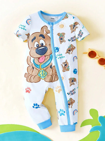 SCOOBY-DOO X Baby Boy Cute Cartoon Blue And White Casual Short Sleeve Jumpsuit Pajama