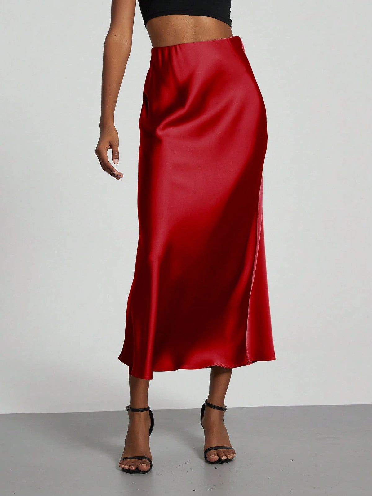 Se-Helo Fashion Women's Elastic Satin Texture Satin Maxi Skirt- Red Spring