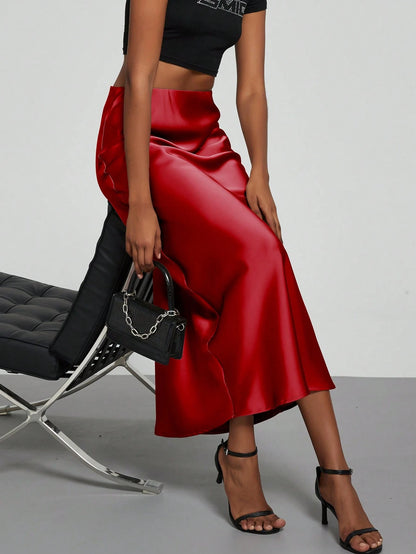 Se-Helo Fashion Women's Elastic Satin Texture Satin Maxi Skirt- Red Spring