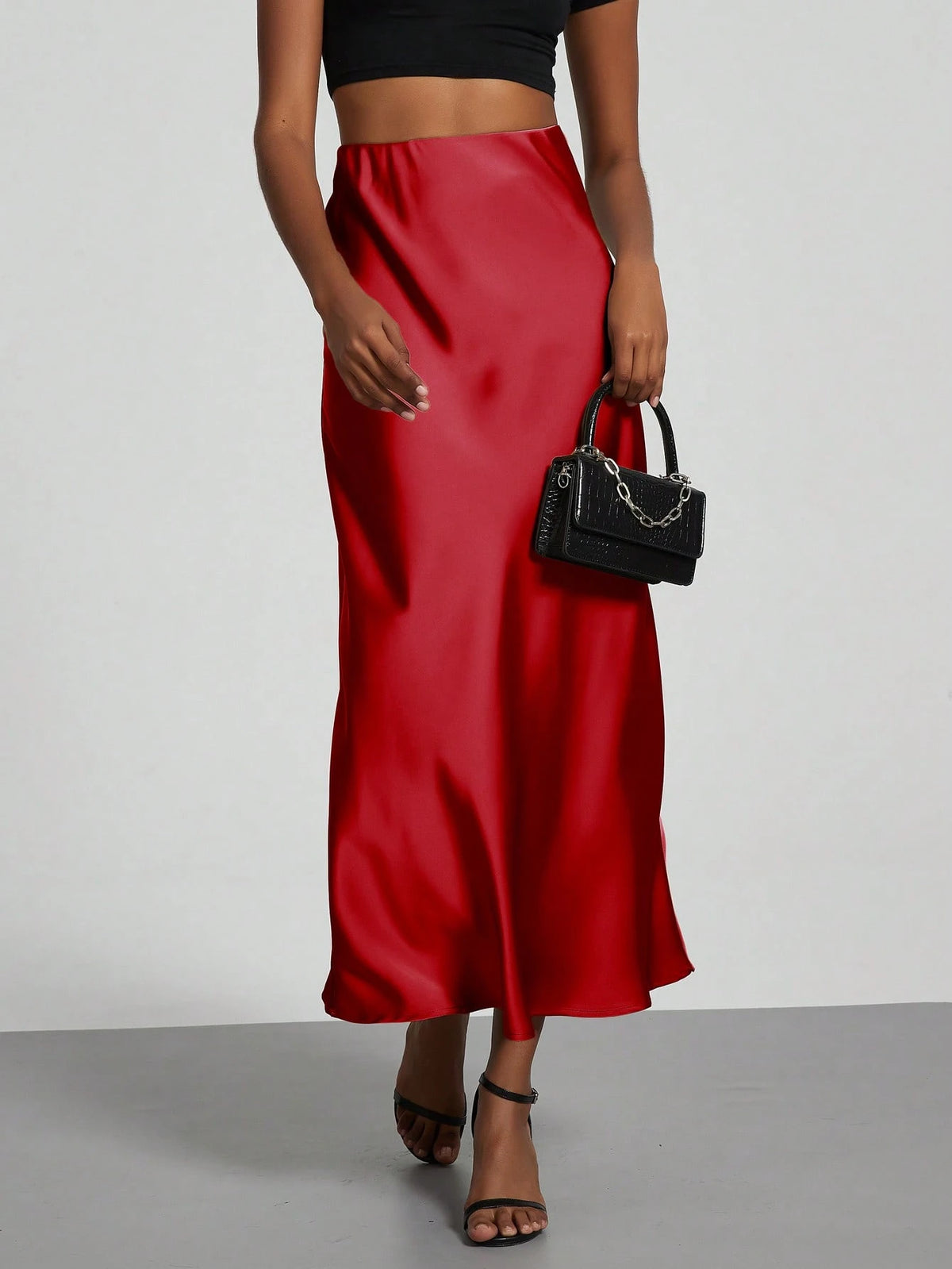 Se-Helo Fashion Women's Elastic Satin Texture Satin Maxi Skirt- Red Spring