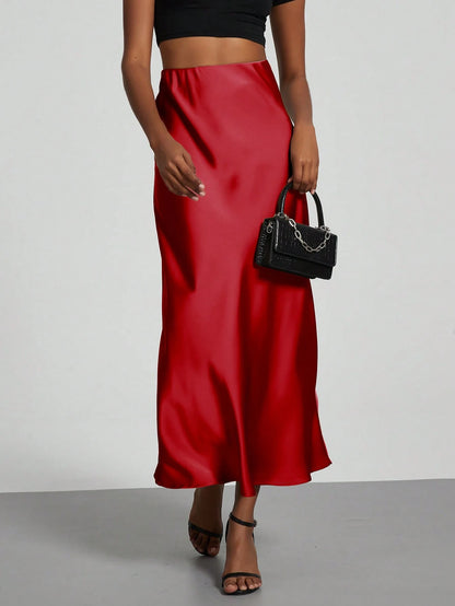 Se-Helo Fashion Women's Elastic Satin Texture Satin Maxi Skirt- Red Spring
