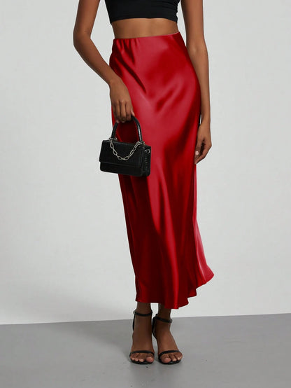 Se-Helo Fashion Women's Elastic Satin Texture Satin Maxi Skirt- Red Spring