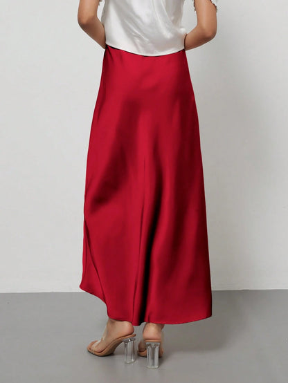 Se-Helo Fashion Women's Elastic Satin Texture Satin Maxi Skirt- Red Spring