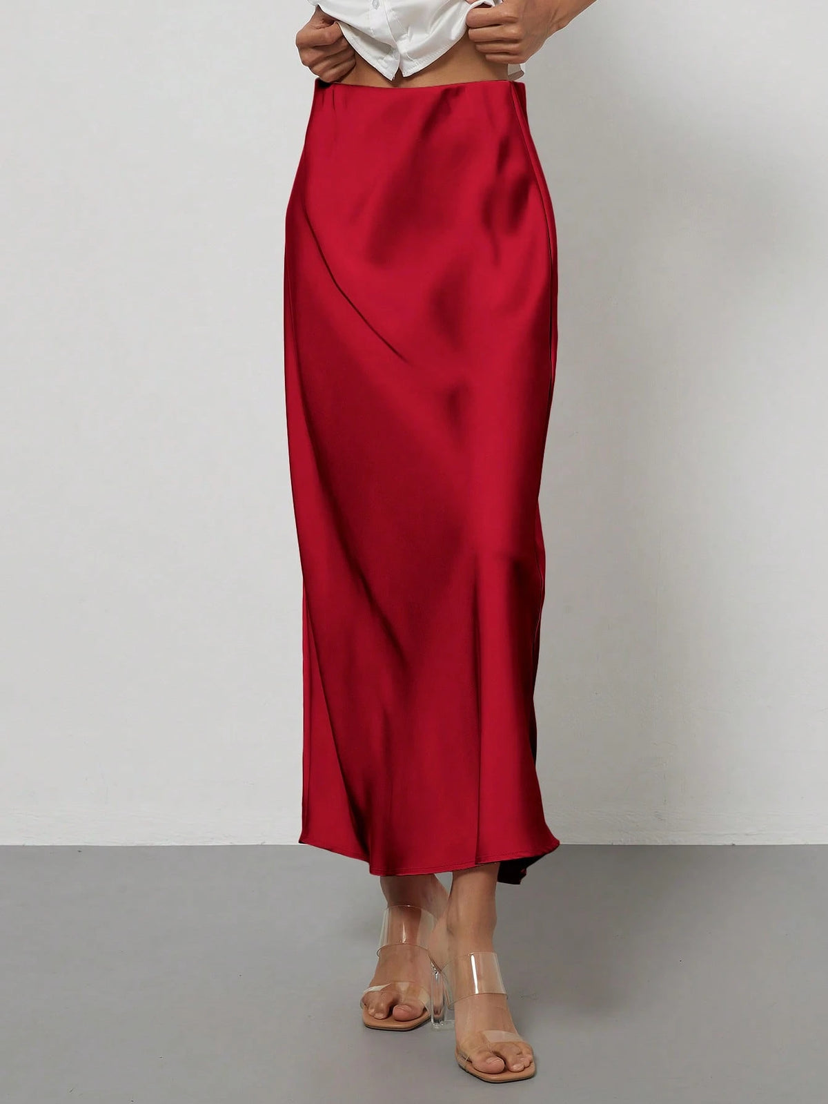Se-Helo Fashion Women's Elastic Satin Texture Satin Maxi Skirt- Red Spring