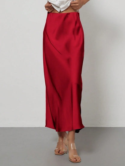 Se-Helo Fashion Women's Elastic Satin Texture Satin Maxi Skirt- Red Spring