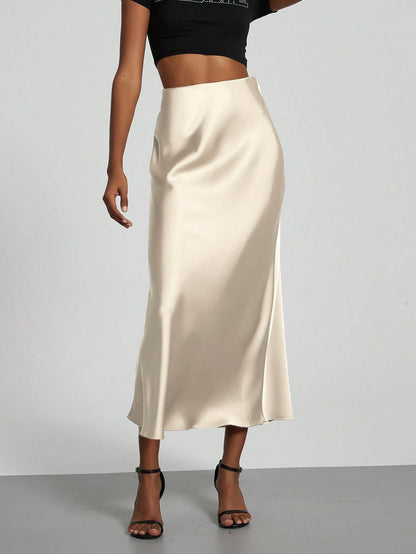 Se-Helo Fashion Women's Elastic Satin Texture Satin Maxi Skirt- Red Spring