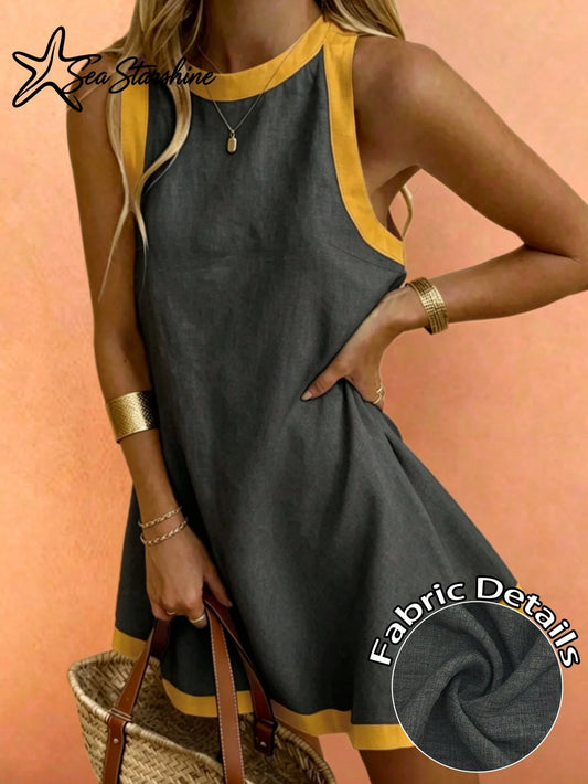 Sea Starshine Spring/Summer New: Beach Vacation Dress- Solid Color Sleeveless Mini Dress With Contrast Trim Elegant Black