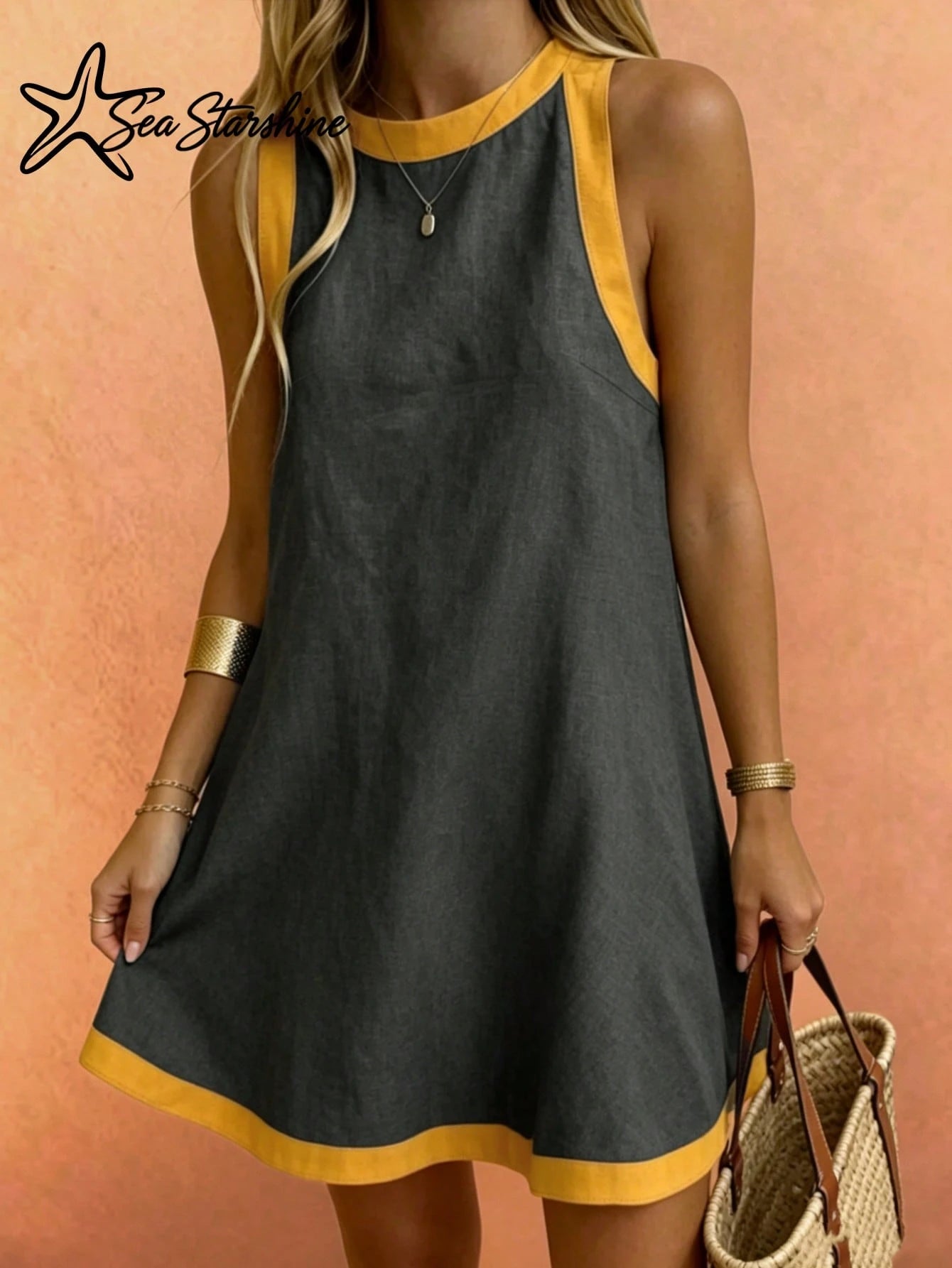 Sea Starshine Spring/Summer New: Beach Vacation Dress- Solid Color Sleeveless Mini Dress With Contrast Trim Elegant Black