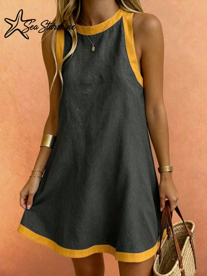 Sea Starshine Spring/Summer New: Beach Vacation Dress- Solid Color Sleeveless Mini Dress With Contrast Trim Elegant Black
