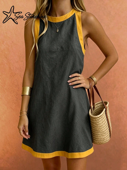 Sea Starshine Spring/Summer New: Beach Vacation Dress- Solid Color Sleeveless Mini Dress With Contrast Trim Elegant Black