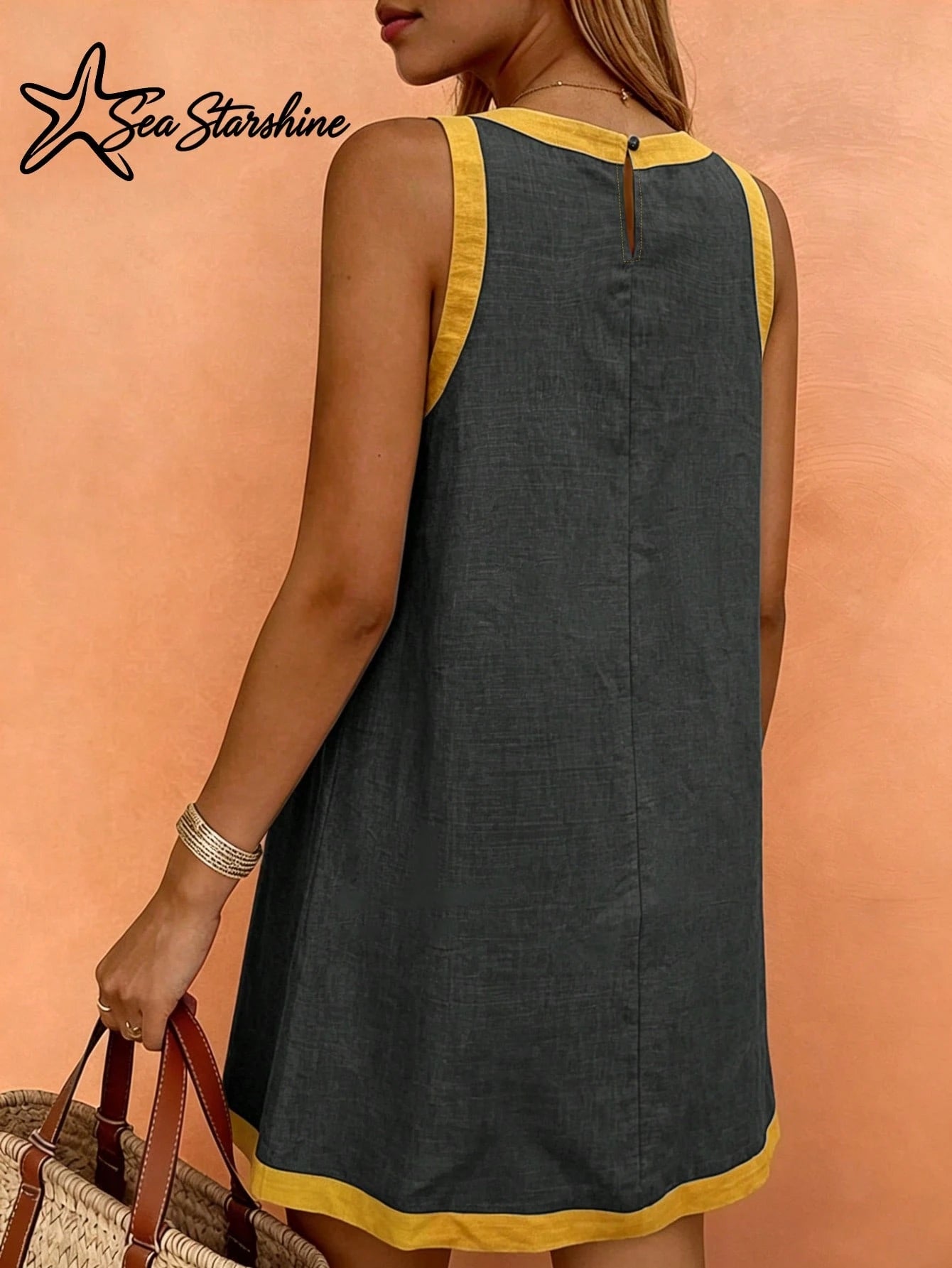 Sea Starshine Spring/Summer New: Beach Vacation Dress- Solid Color Sleeveless Mini Dress With Contrast Trim Elegant Black