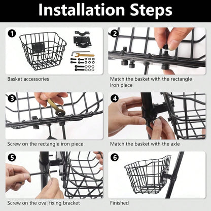 Secure Front Bike Basket For Scooters- Metal Bicycle Basket With Sturdy Wire Design, Non-Sagging Bracket, Rust-Resistant Zinc Alloy, Easy Installation Kit Included