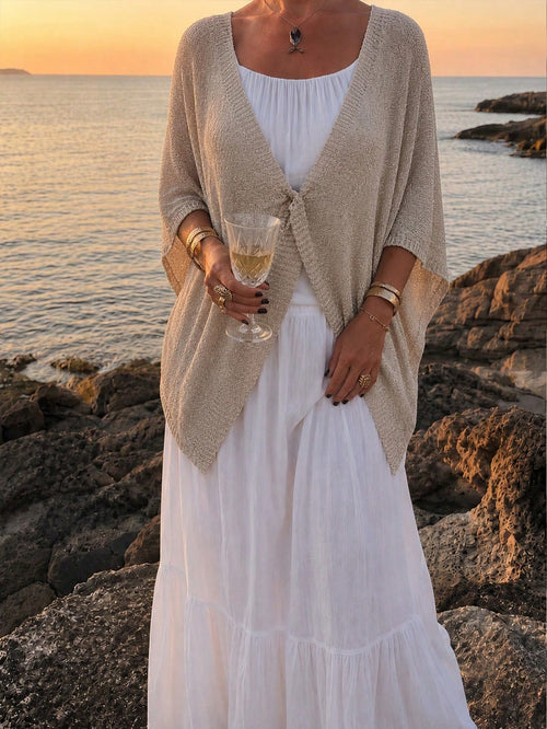 SEREN Women's Summer Sheer Knit Shawl Cover Up, Tie Front Batwing Sleeve Loose Cover-Up, Bohemian Style Beach Vacation Lightweight Shawl Kimono Jacket