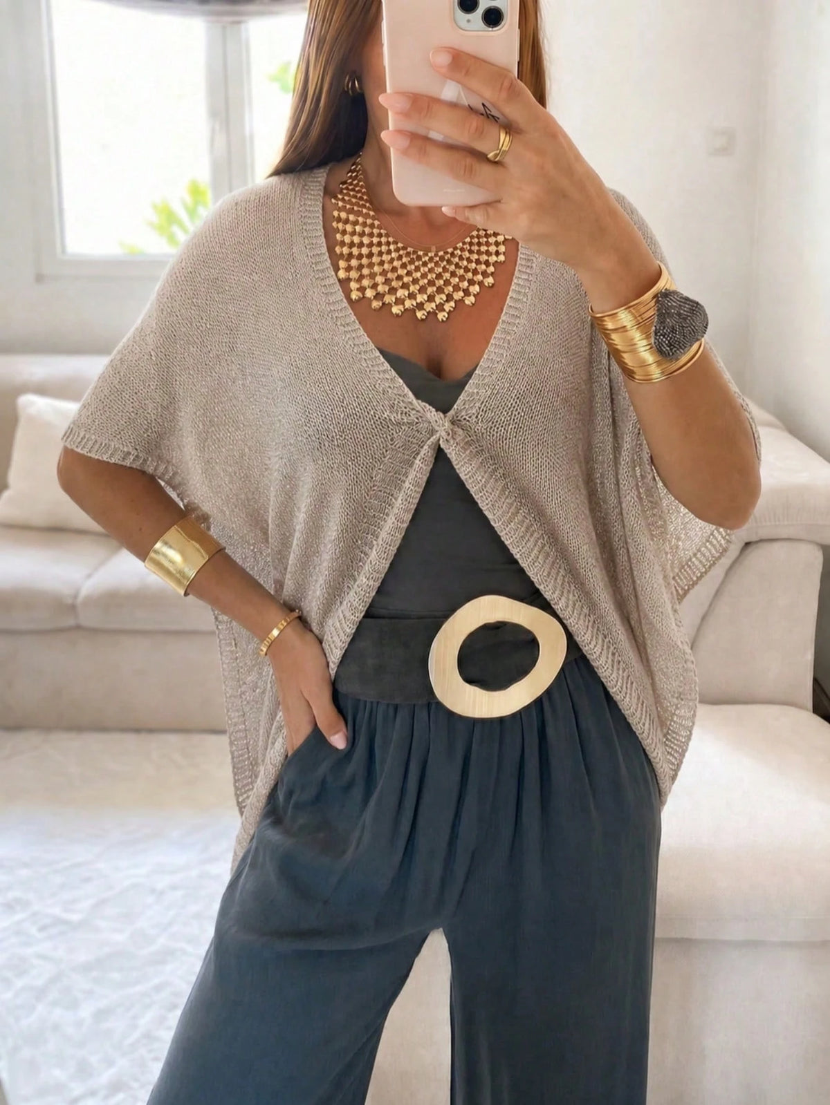 SEREN Women's Summer Sheer Knit Shawl Cover Up, Tie Front Batwing Sleeve Loose Cover-Up, Bohemian Style Beach Vacation Lightweight Shawl Kimono Jacket