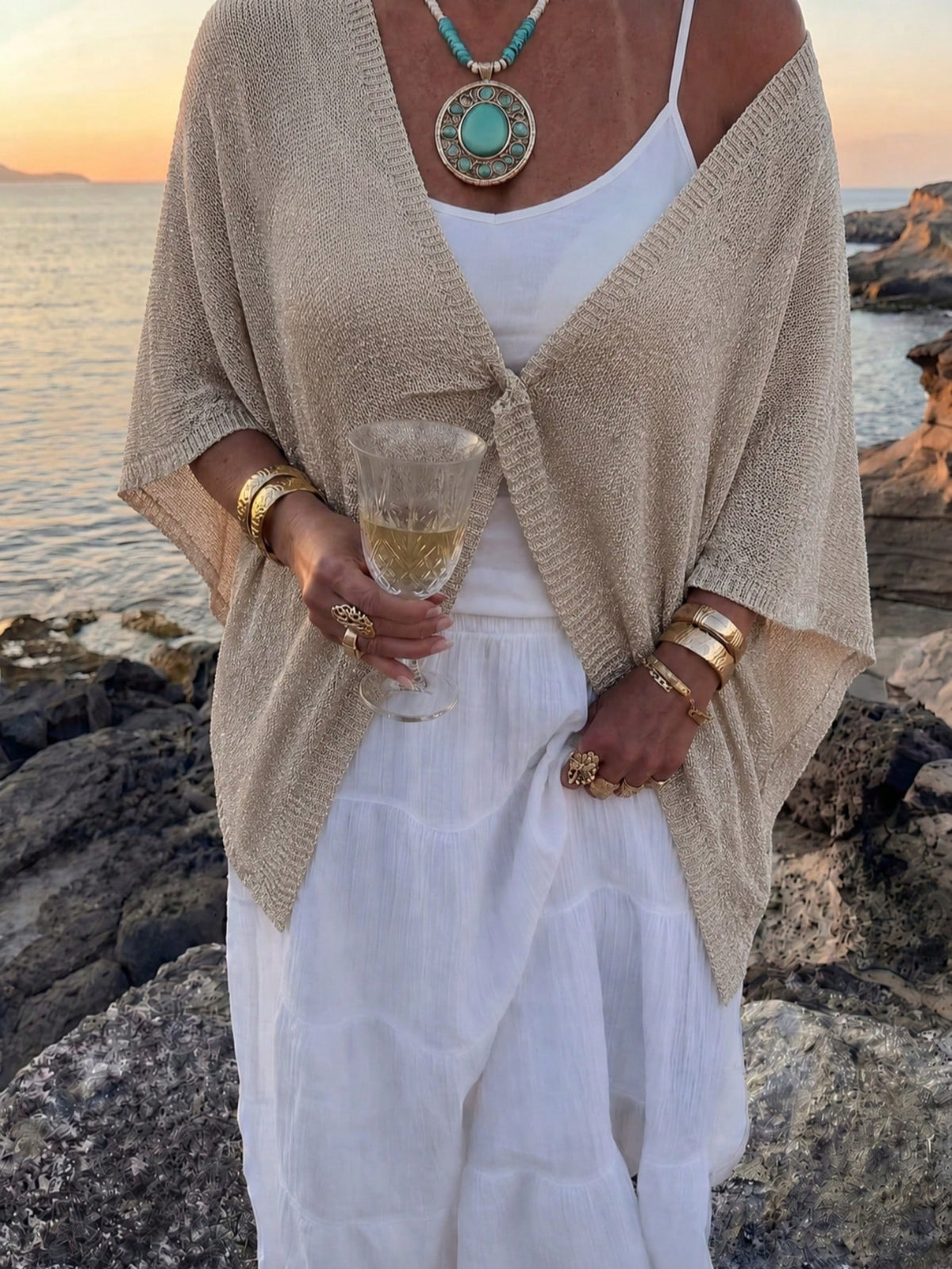 SEREN Women's Summer Sheer Knit Shawl Cover Up, Tie Front Batwing Sleeve Loose Cover-Up, Bohemian Style Beach Vacation Lightweight Shawl Kimono Jacket