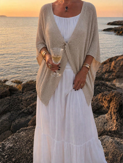 SEREN Women's Summer Sheer Knit Shawl Cover Up, Tie Front Batwing Sleeve Loose Cover-Up, Bohemian Style Beach Vacation Lightweight Shawl Kimono Jacket