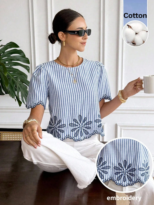 Serisse Women's Elegant French Coastal Summer Blue And White Stripe Pure Cotton Embroidered Round Neck Short Sleeve Shirt Boho Casual Blouse Vacation Beach