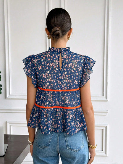 Serisse Women's Vacation Ditsy Floral Ruffle Collar Petal Sleeve Blouse,Summer Top Elegant