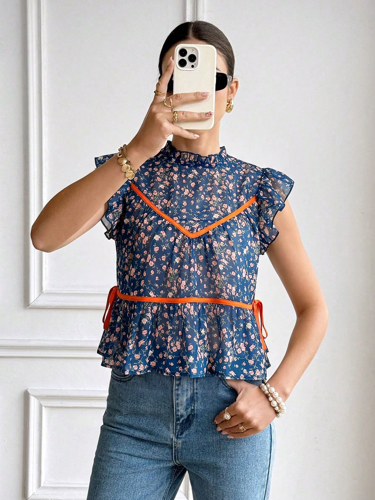 Serisse Women's Vacation Ditsy Floral Ruffle Collar Petal Sleeve Blouse,Summer Top Elegant