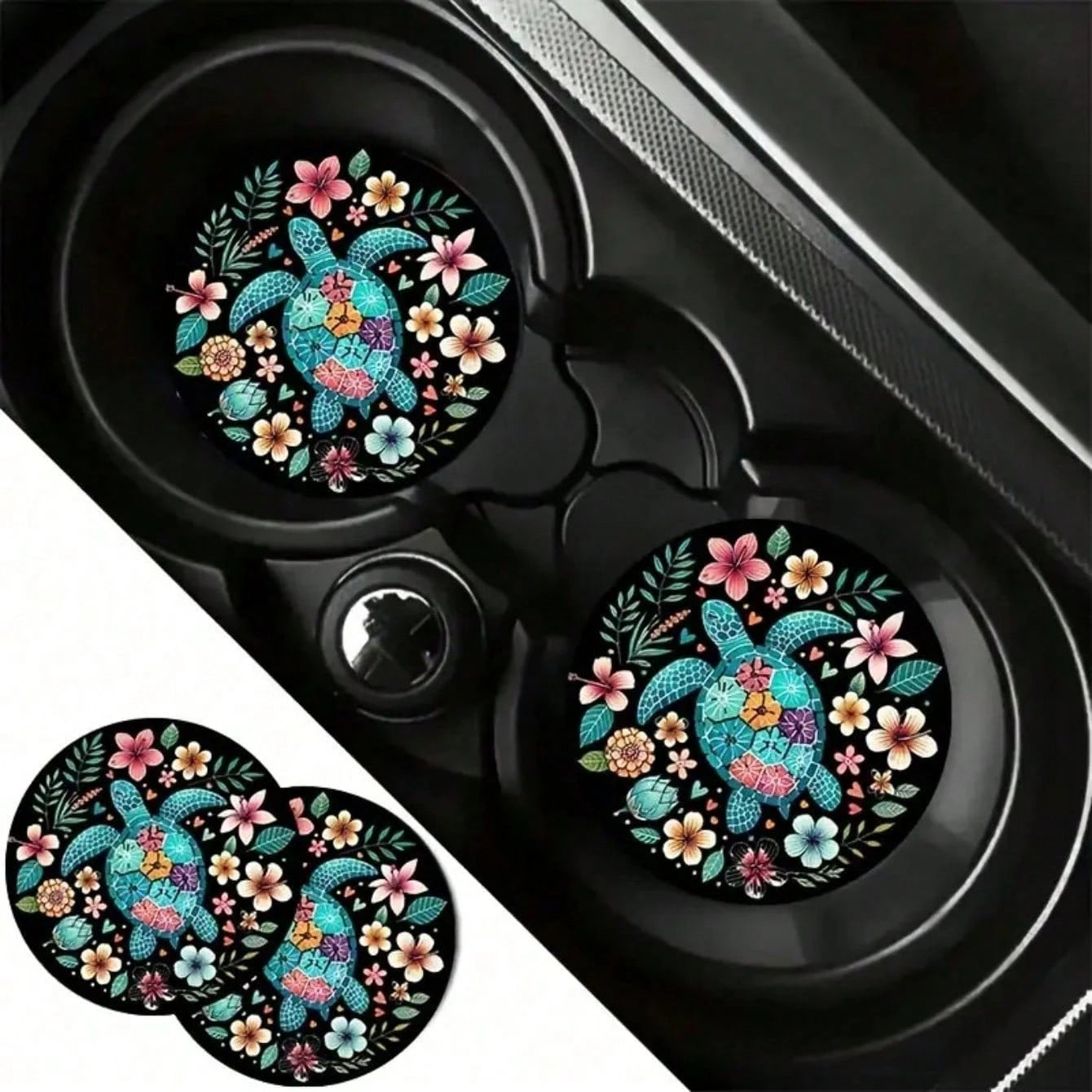 Set Of 2 Turtle-Themed Car Coasters Featuring Vibrant Flowers On A Black Backdrop, Perfect As A Gift For Any Season. Stylish And Waterproof, These Turtle Cup Holders Are Convenient To Transport.
