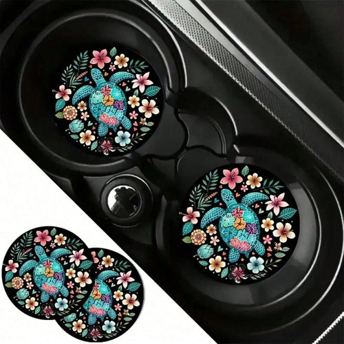 Set Of 2 Turtle-Themed Car Coasters Featuring Vibrant Flowers On A Black Backdrop, Perfect As A Gift For Any Season. Stylish And Waterproof, These Turtle Cup Holders Are Convenient To Transport.