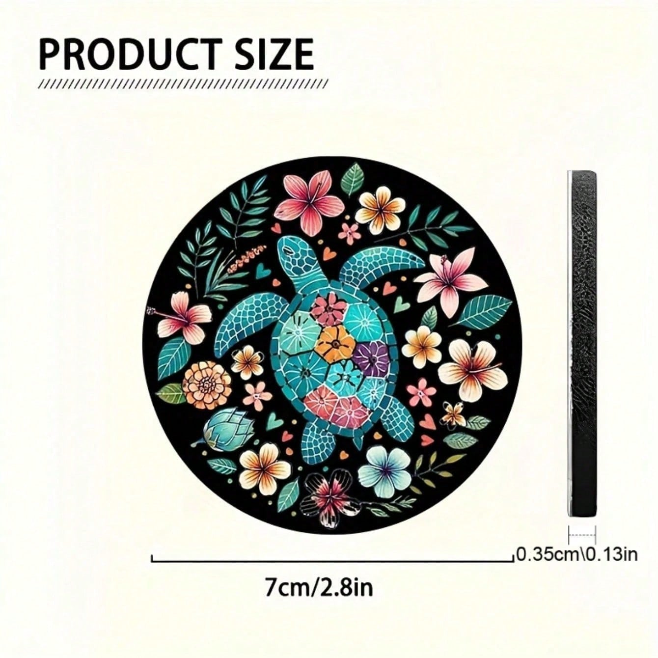 Set Of 2 Turtle-Themed Car Coasters Featuring Vibrant Flowers On A Black Backdrop, Perfect As A Gift For Any Season. Stylish And Waterproof, These Turtle Cup Holders Are Convenient To Transport.