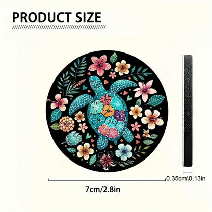 Set Of 2 Turtle-Themed Car Coasters Featuring Vibrant Flowers On A Black Backdrop, Perfect As A Gift For Any Season. Stylish And Waterproof, These Turtle Cup Holders Are Convenient To Transport.